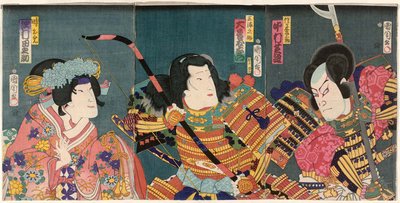 Actors Nakamura Shikan IV as Sasaki Tozaburo, Otani Tomoemon V as Miuranosuke, and Sawamura Tanosuke III as Toki-hime by Toyohara Kunichika